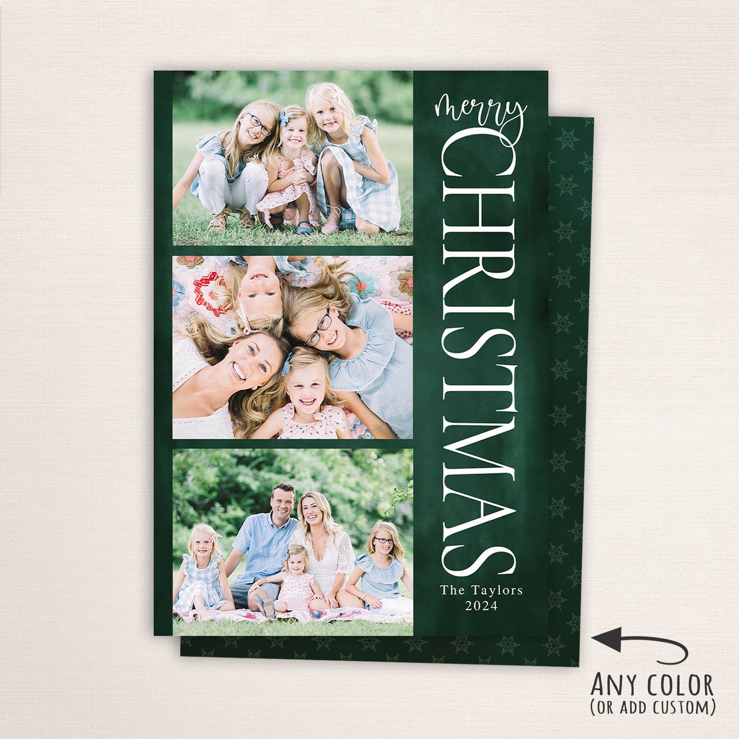 Personalized Merry Christmas card with openings for 3 horizontal photos, simple font, deep green background, and customizable color and back design options.