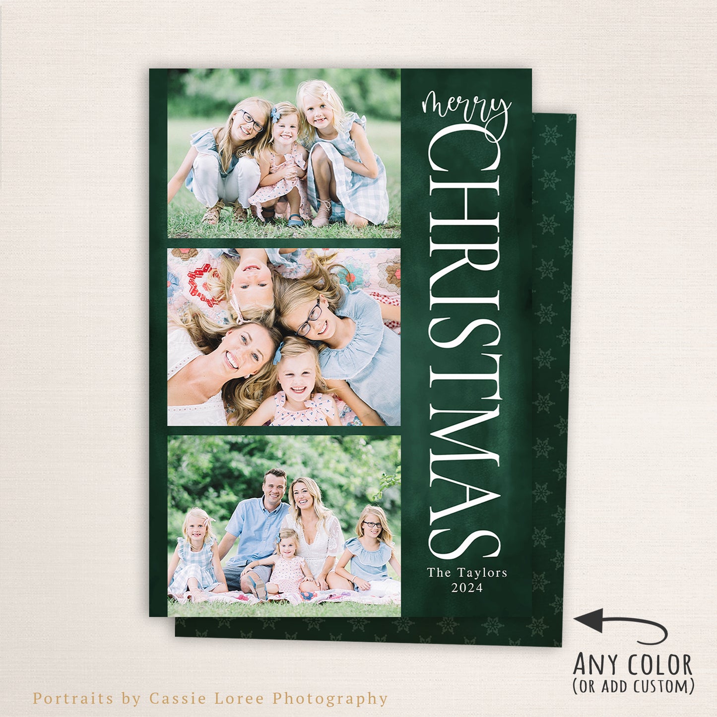 Personalized Merry Christmas card with openings for 3 horizontal photos, simple font, deep green background, and customizable color and back design options.