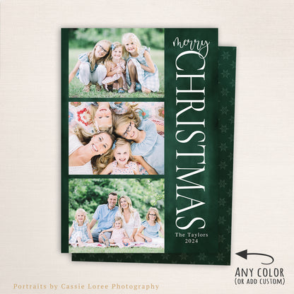 Personalized Merry Christmas card with openings for 3 horizontal photos, simple font, deep green background, and customizable color and back design options.