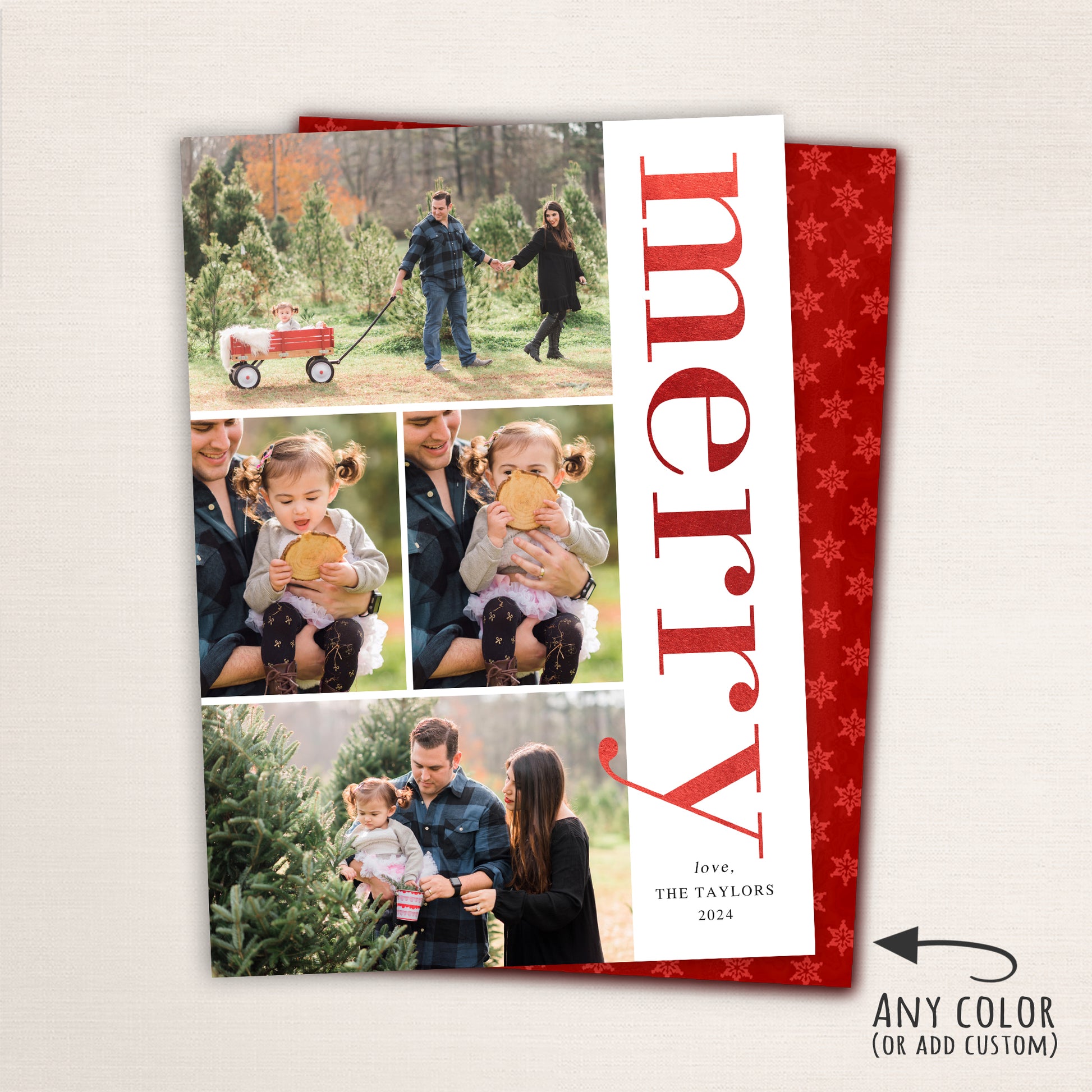 “Merry” holiday photo card from Halo Design Shop featuring a bold vertical red “Merry” text layout beside four family photos, customizable colors, and a festive red patterned back.