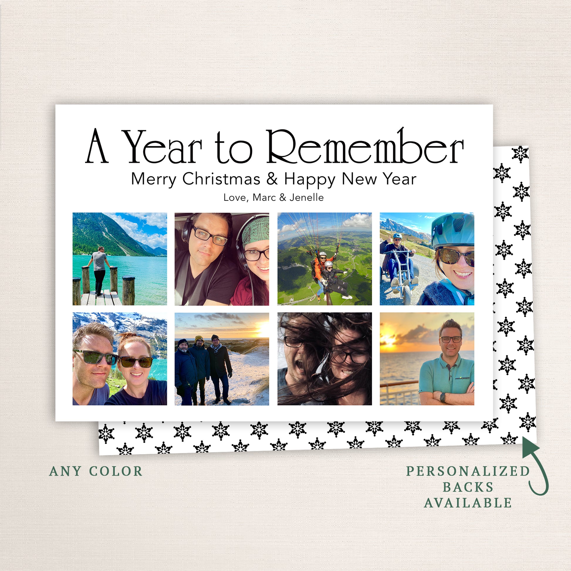 “A Year to Remember” custom holiday photo card from Halo Design Shop featuring a clean white background, nine-photo collage layout, personalized greeting, and snowflake-patterned back design. Available in any color with optional personalized backs.