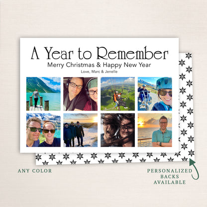 “A Year to Remember” custom holiday photo card from Halo Design Shop featuring a clean white background, nine-photo collage layout, personalized greeting, and snowflake-patterned back design. Available in any color with optional personalized backs.