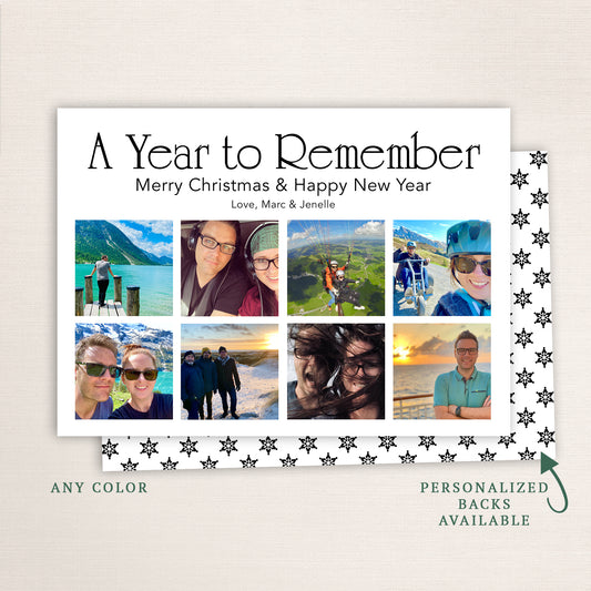 “A Year to Remember” custom holiday photo card from Halo Design Shop featuring a clean white background, nine-photo collage layout, personalized greeting, and snowflake-patterned back design. Available in any color with optional personalized backs.