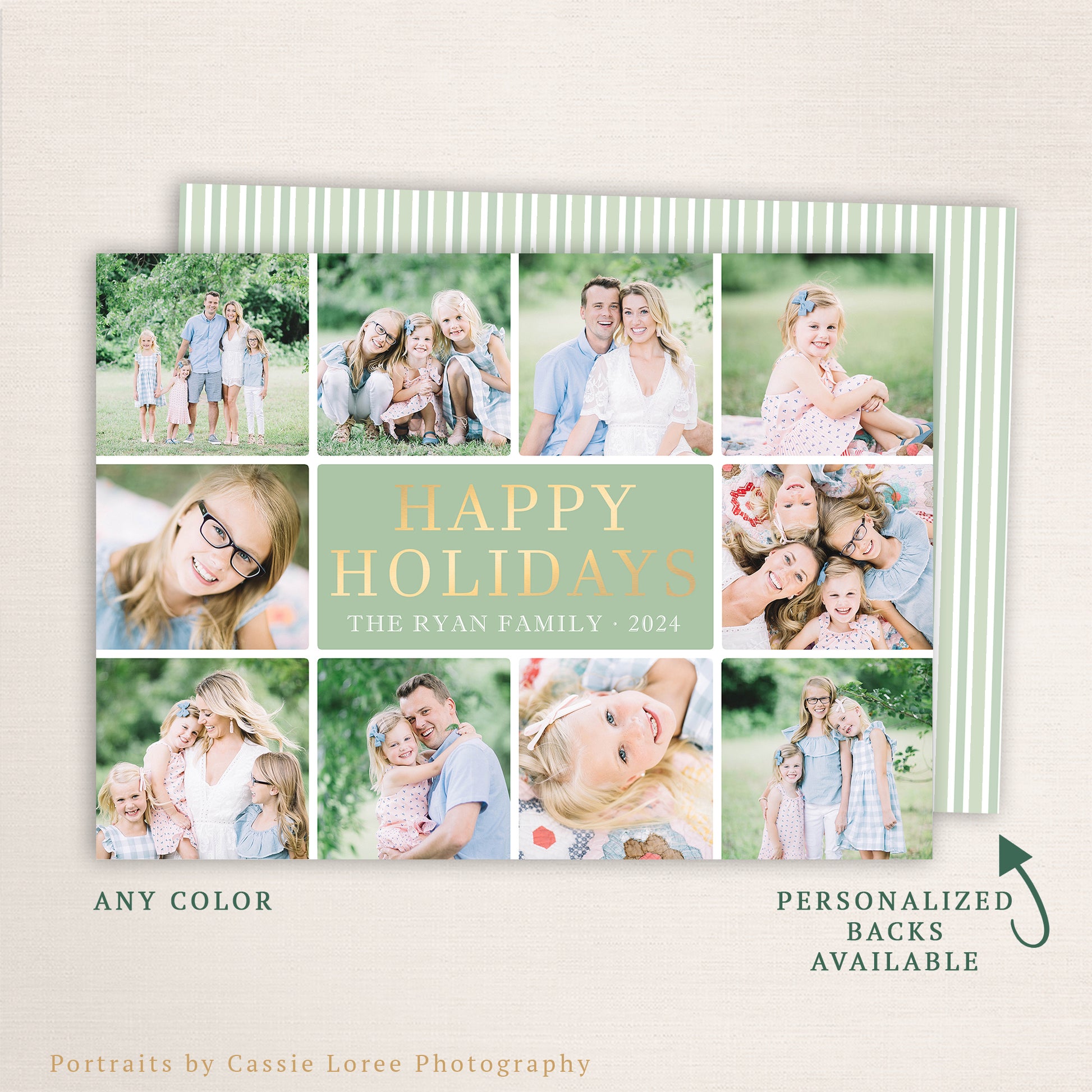 “Happy Holidays” multi-photo card from Halo Design Shop featuring a modern nine-photo collage layout with soft sage green and gold typography, personalized family name, and coordinating striped back design. Fully customizable colors and optional personalized backs create a timeless, elegant holiday greeting.