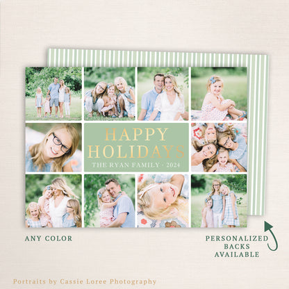 “Happy Holidays” multi-photo card from Halo Design Shop featuring a modern nine-photo collage layout with soft sage green and gold typography, personalized family name, and coordinating striped back design. Fully customizable colors and optional personalized backs create a timeless, elegant holiday greeting.