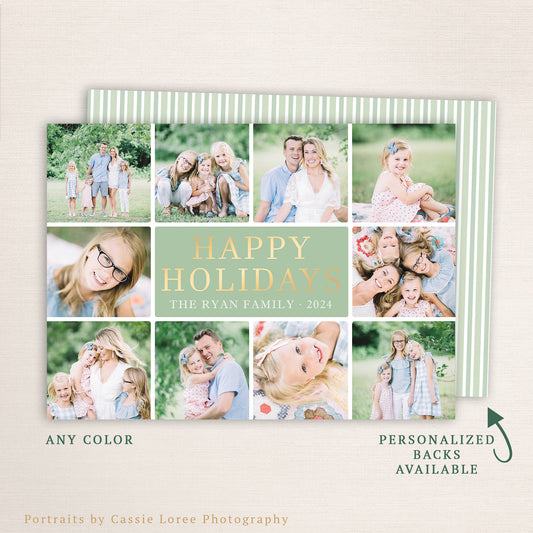 “Happy Holidays” multi-photo card from Halo Design Shop featuring a modern nine-photo collage layout with soft sage green and gold typography, personalized family name, and coordinating striped back design. Fully customizable colors and optional personalized backs create a timeless, elegant holiday greeting.