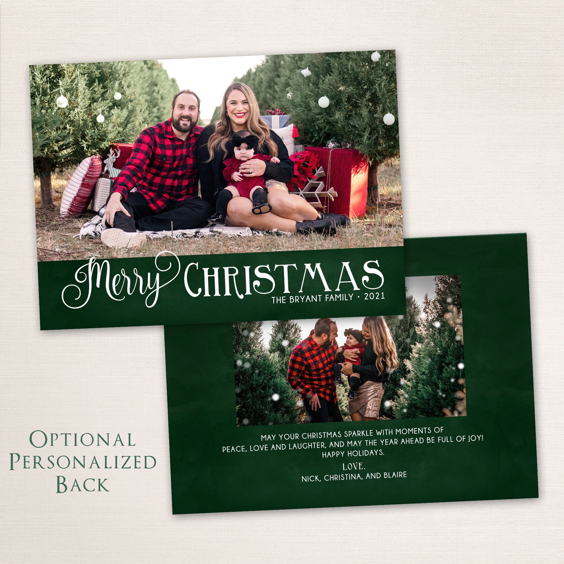 Merry Christmas family photo card with green background and personalized text in elegant white script.