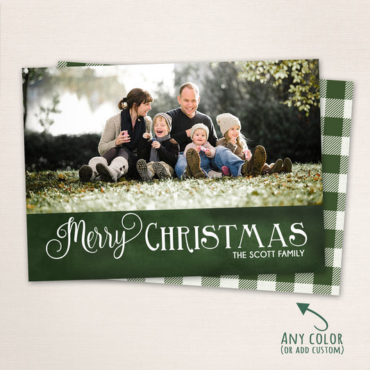 Classic green plaid Merry Christmas photo card with modern typography and family personalization.