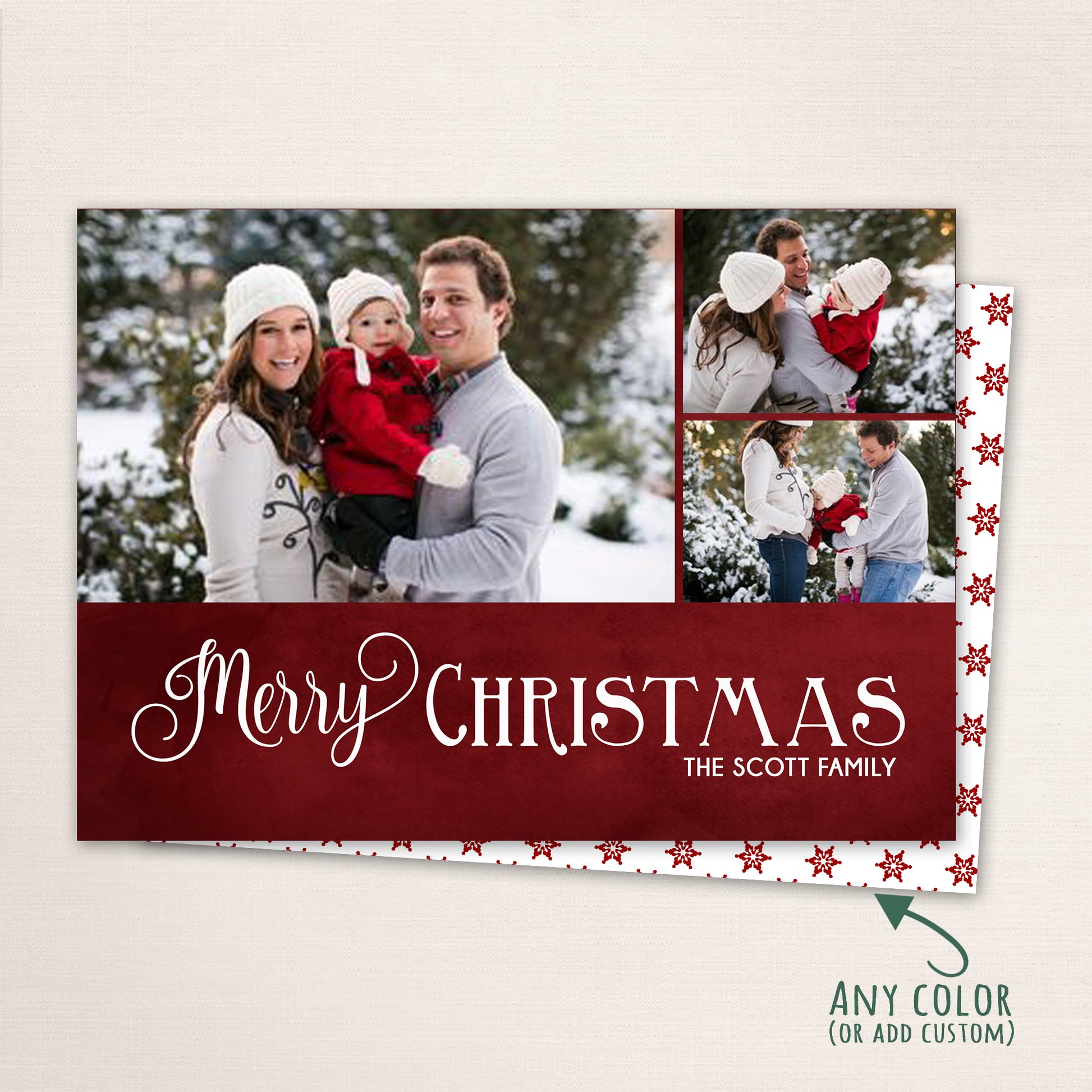 Red Merry Christmas photo card featuring multiple family images and customizable back design.