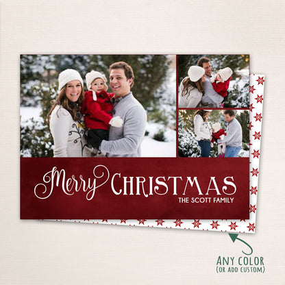 Red Merry Christmas photo card featuring multiple family images and customizable back design.