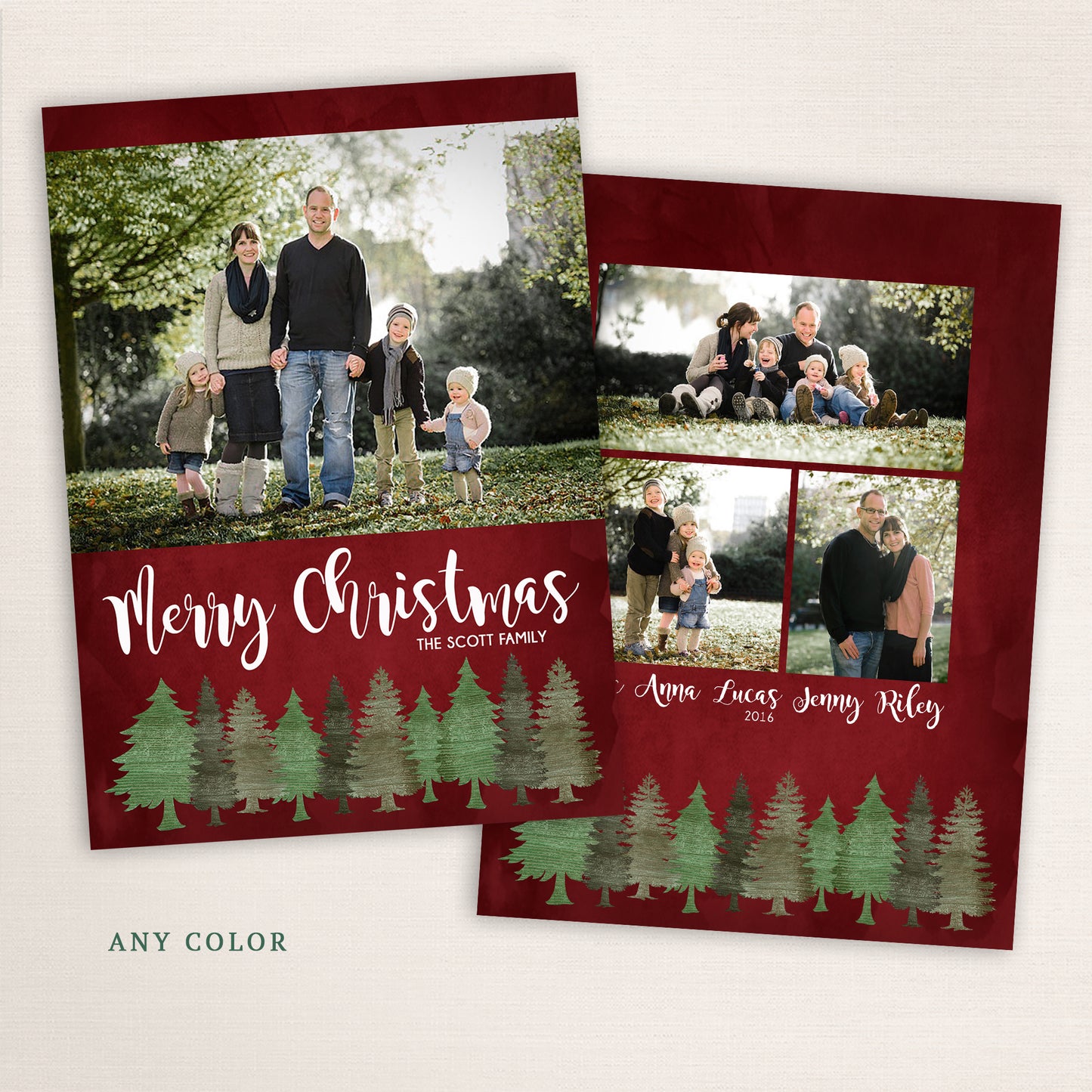 Family Christmas photo card with customizable color options, forest tree design, and optional back for additional photos.