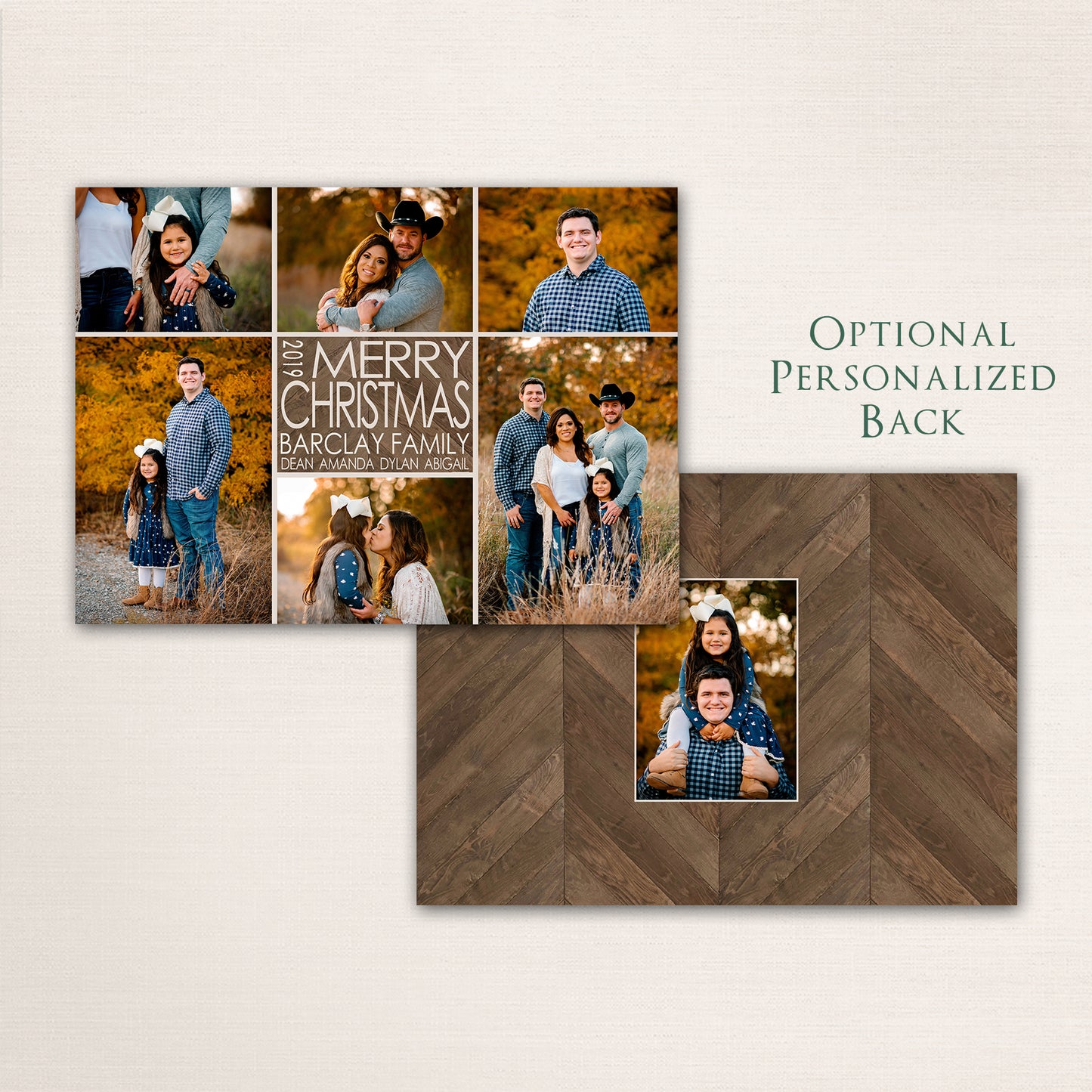 Merry Christmas photo card with openings for 6 family photos and features a dark wood chevron patterned background with an optional additional photo on the back.