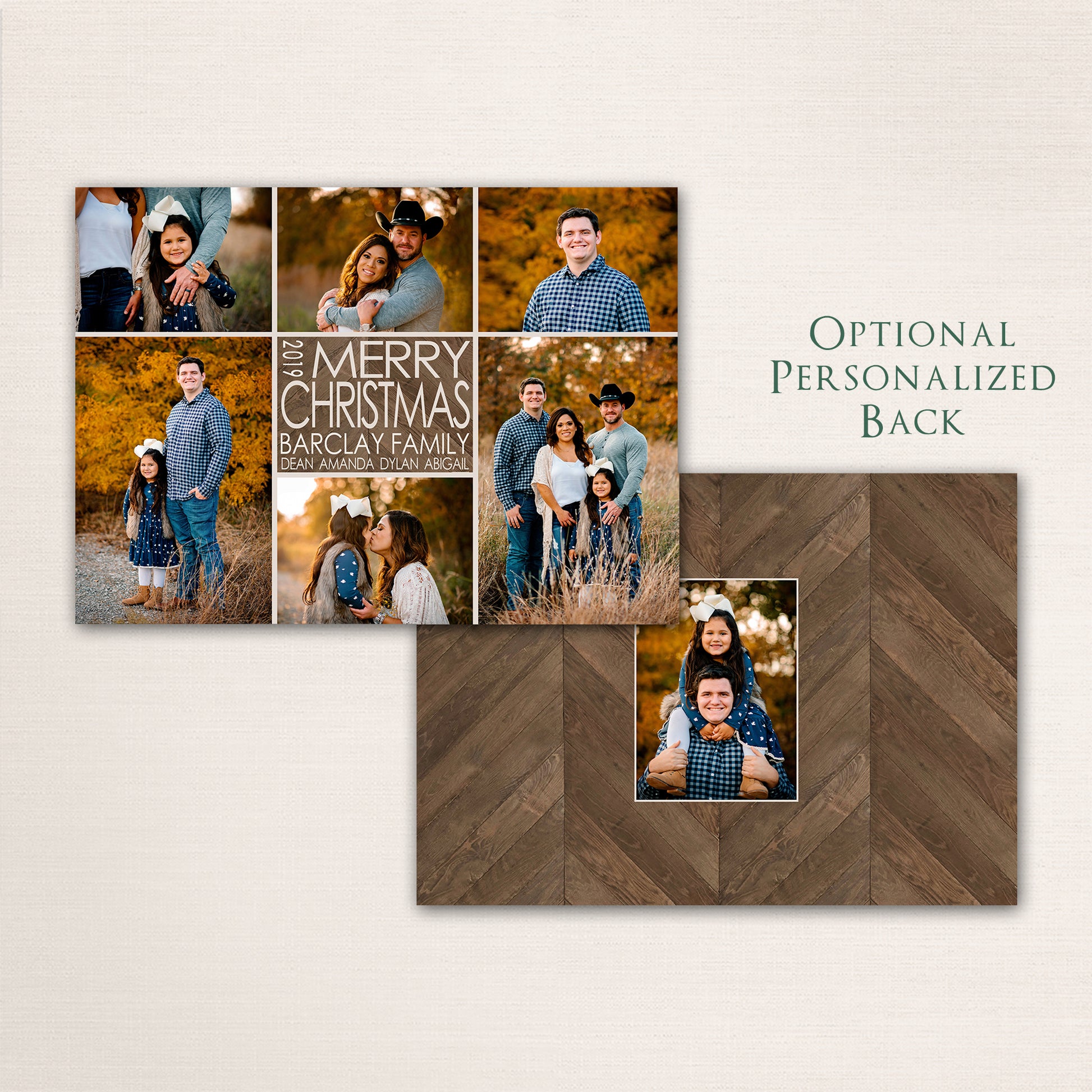 Merry Christmas photo card with openings for 6 family photos and features a dark wood chevron patterned background with an optional additional photo on the back.