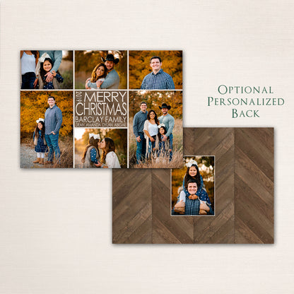 Merry Christmas photo card with openings for 6 family photos and features a dark wood chevron patterned background with an optional additional photo on the back.