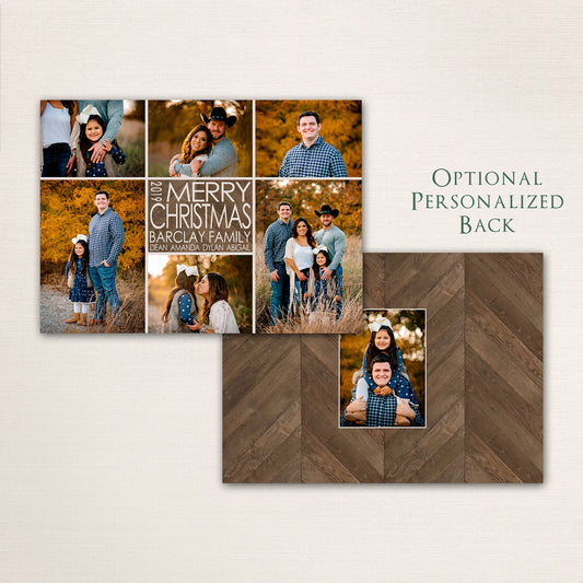 Merry Christmas photo card with openings for 6 family photos and features a dark wood chevron patterned background with an optional additional photo on the back.