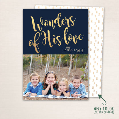 Christian Christmas photo card from Halo Design Shop featuring a navy blue background, “May you know the Wonders of His Love” script typography, family photo layout, and optional personalized back with additional photos and blessing.