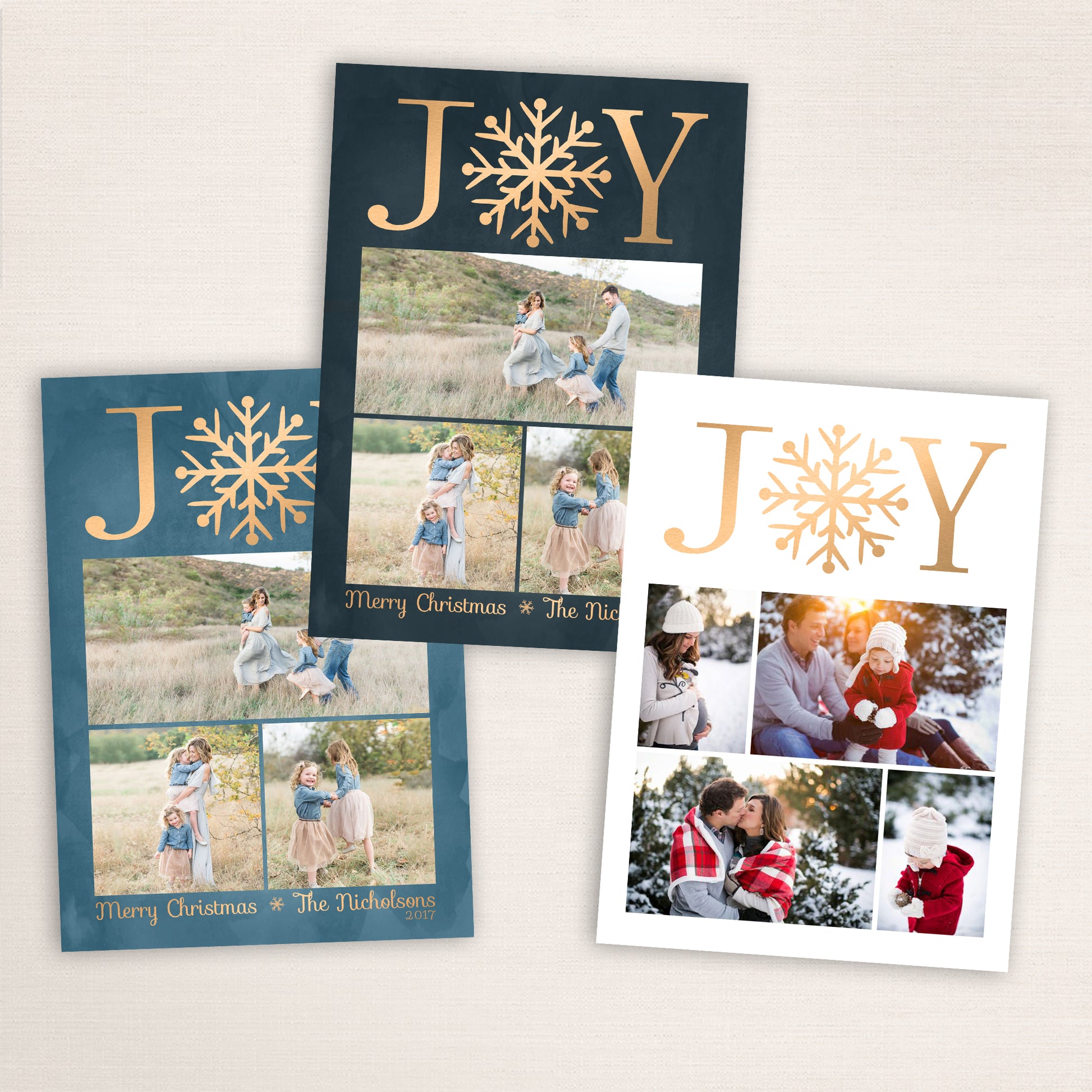 Elegant Christmas photo card with “JOY” in gold letters and a snowflake centerpiece, featuring three or four family photos below shown in multiple color options.