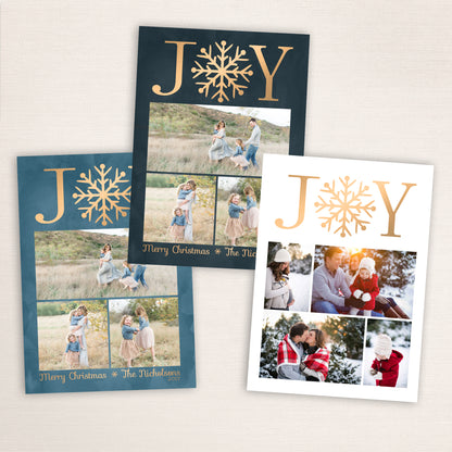 Elegant Christmas photo card with “JOY” in gold letters and a snowflake centerpiece, featuring three or four family photos below shown in multiple color options.