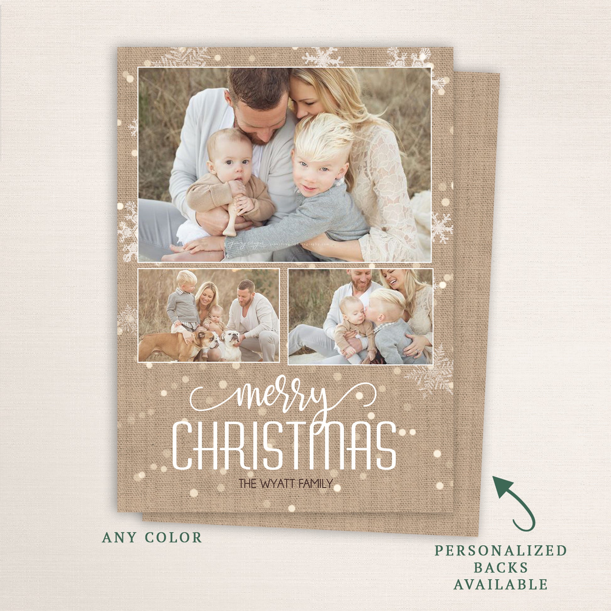 Rustic holiday card with a burlap texture background and three family photos, surrounded by subtle snowflakes. The text “Merry Christmas” appears in white script, with an optional personalized back available.