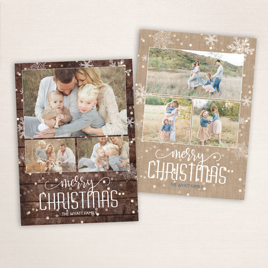 Two rustic holiday cards displayed side by side—one with a dark wood background, one with a warm burlap tone—each featuring “Merry Christmas” in elegant white script, family photo layouts, and customizable text colors.