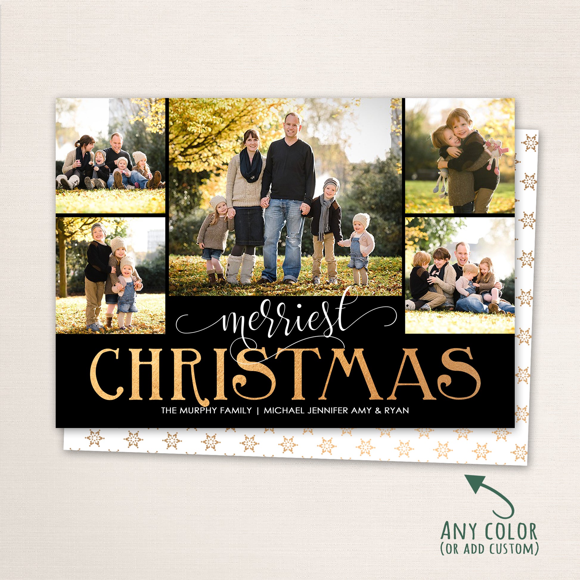 Family photo collage Christmas card with multiple photos and “Merriest Christmas” gold lettering on a black background.