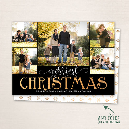 Family photo collage Christmas card with multiple photos and “Merriest Christmas” gold lettering on a black background.