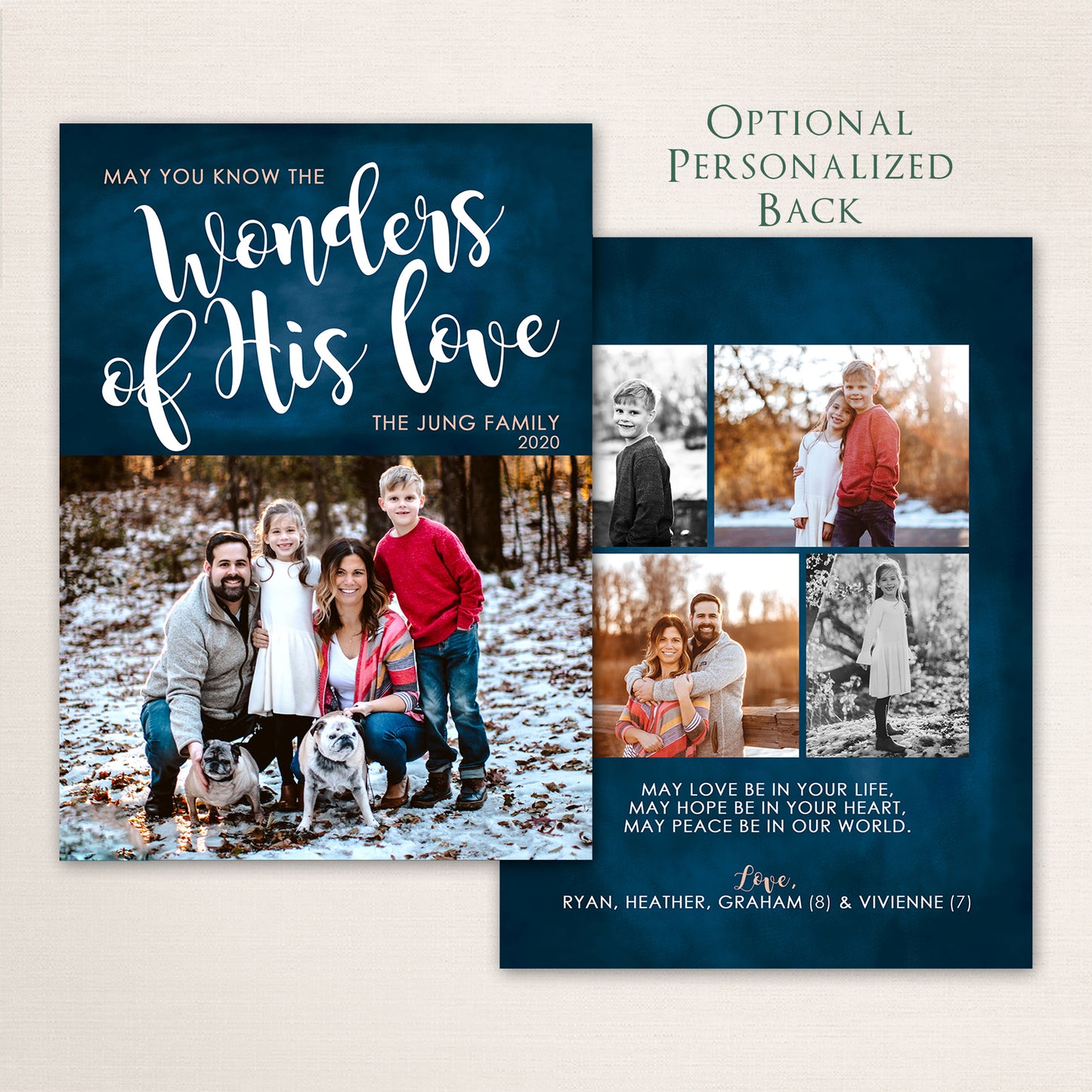 Christian Christmas photo card from Halo Design Shop featuring a navy blue background, “May you know the Wonders of His Love” script typography, family photo layout, and optional personalized back with additional photos and blessing.