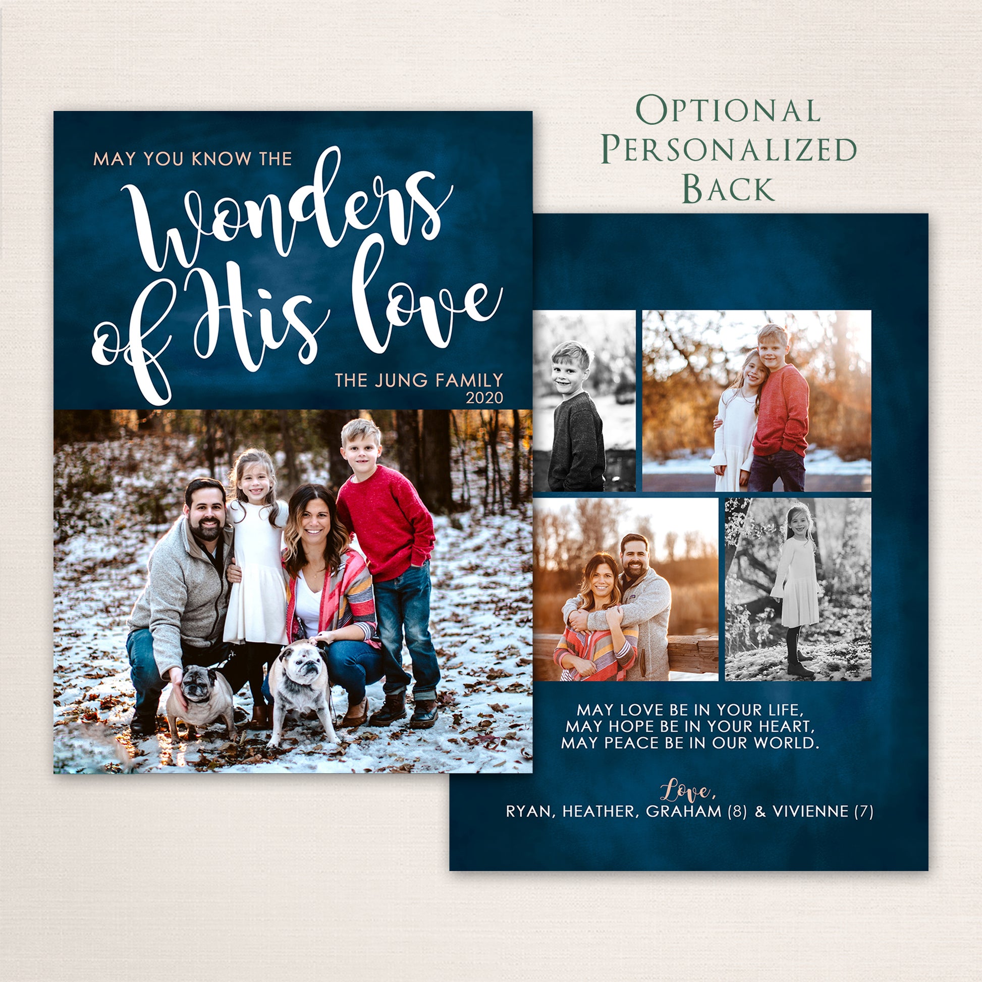 Christian Christmas photo card from Halo Design Shop featuring a navy blue background, “May you know the Wonders of His Love” script typography, family photo layout, and optional personalized back with additional photos and blessing.