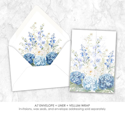 Rich Blues & White floral Vellum Wrap  + Matching Envelope