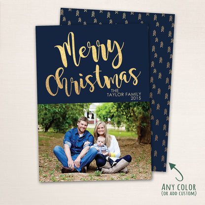 Modern navy and gold Merry Christmas photo card featuring bold script lettering, a customizable color palette, family photo layout, and coordinating patterned back design.