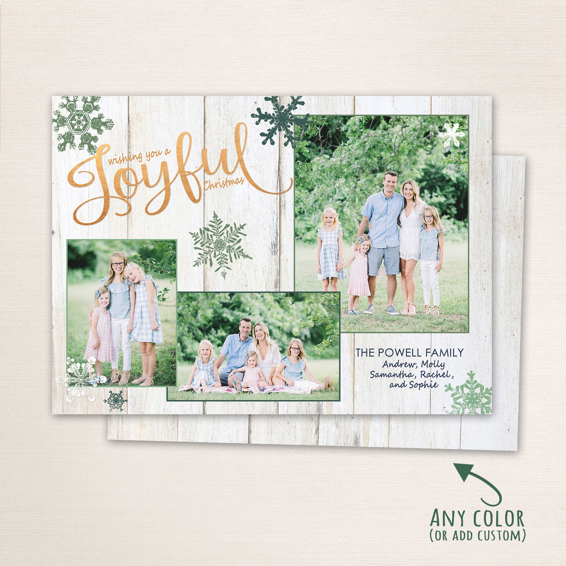 Family standing and sitting outdoors in a lush green field with “Wishing You a Joyful Christmas” text over a rustic wood background and snowflake accents in green tones.
