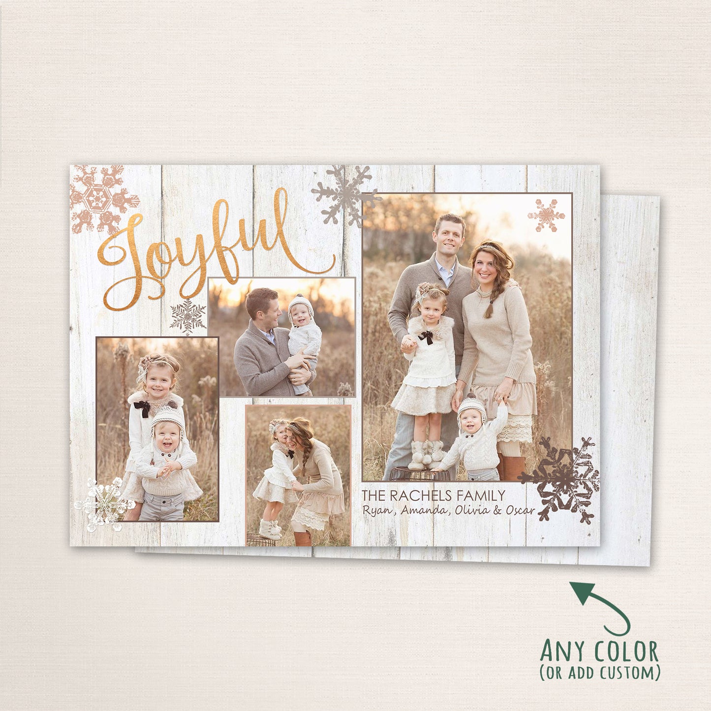 Family of four posing outdoors in neutral winter clothing with “Joyful” written in gold script over a rustic white wood background, accented with soft snowflakes.