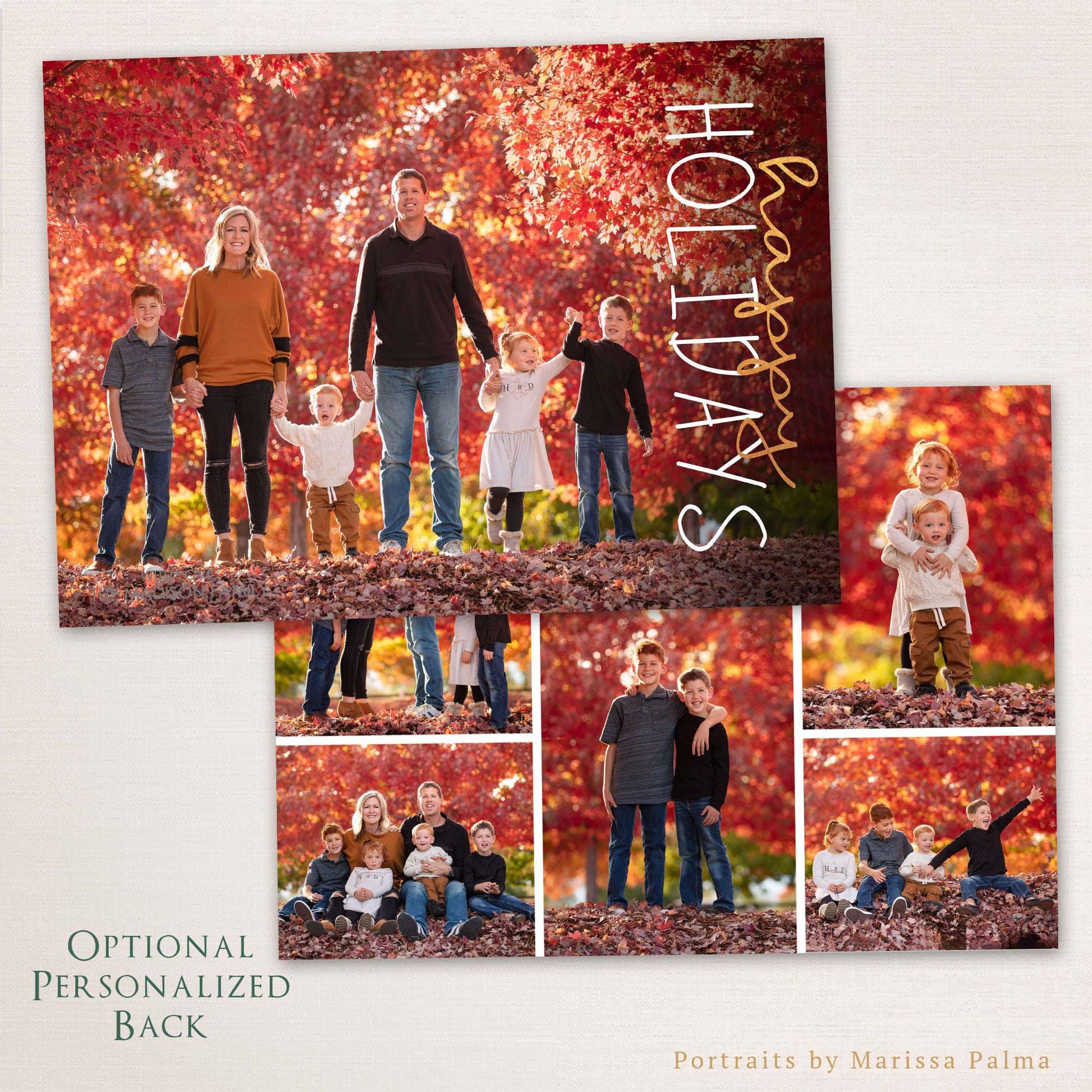 Family of six standing together among red autumn leaves with “Happy Holidays” written vertically in gold and white script, shown with an optional personalized back featuring a collage of outdoor family photos.