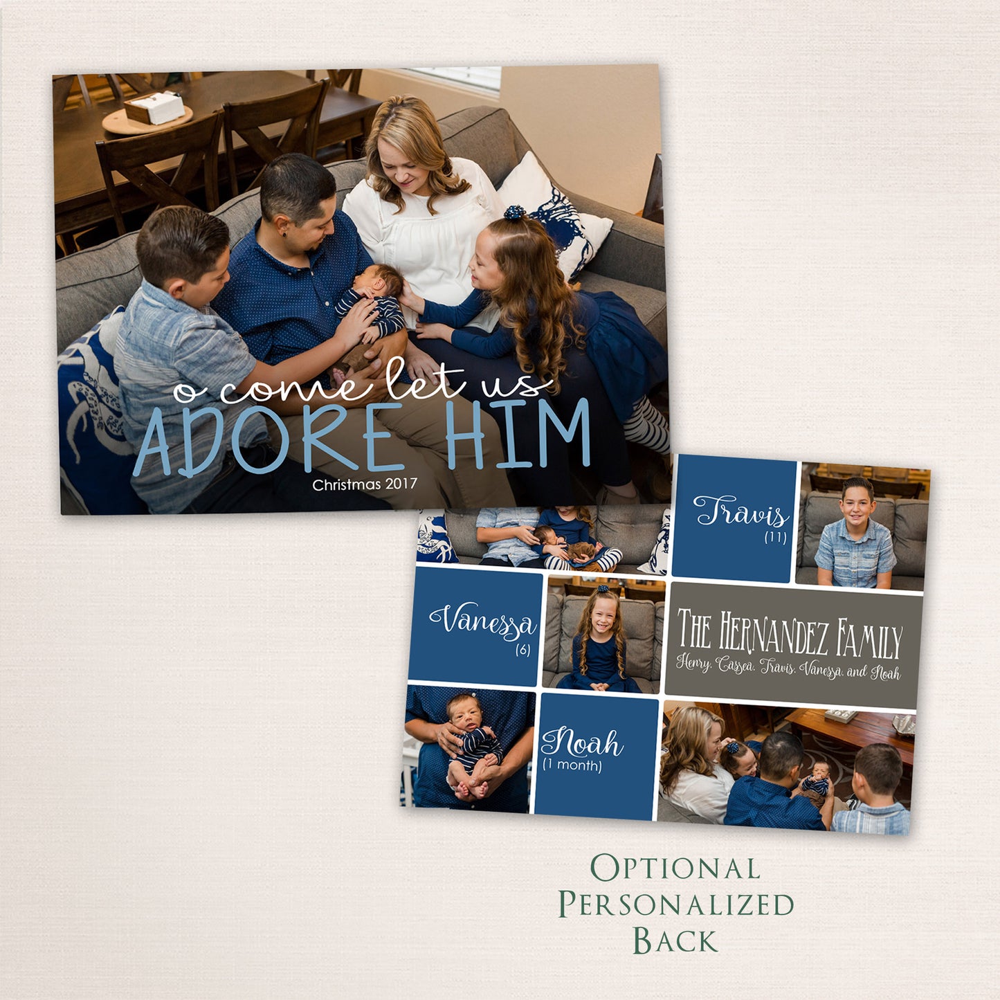 Horizontal Christian Christmas card with a family photo and the message “O Come Let Us Adore Him.” The optional personalized back showcases family portraits with names and ages in coordinating blue and gray tones.