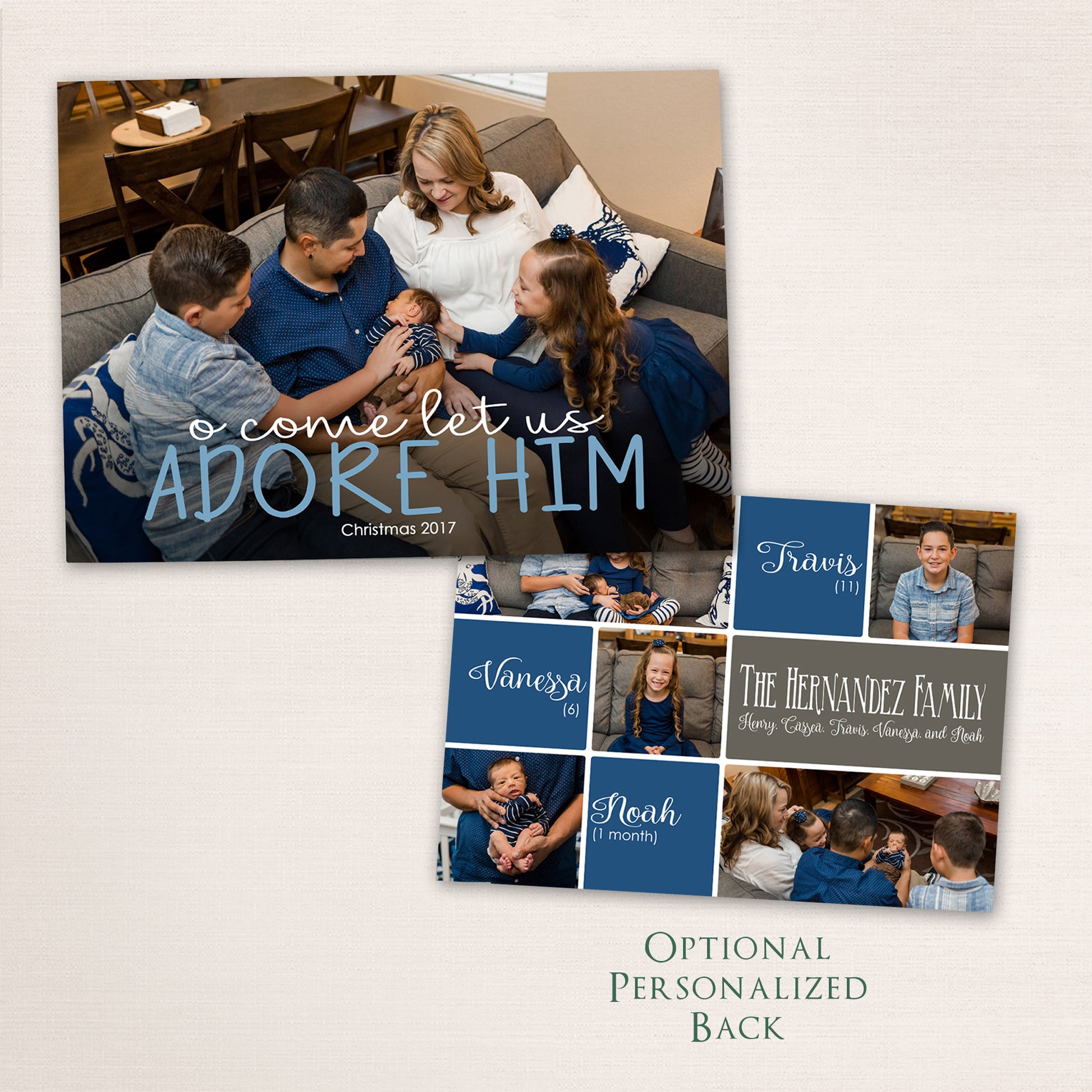 Horizontal Christian Christmas card with a family photo and the message “O Come Let Us Adore Him.” The optional personalized back showcases family portraits with names and ages in coordinating blue and gray tones.