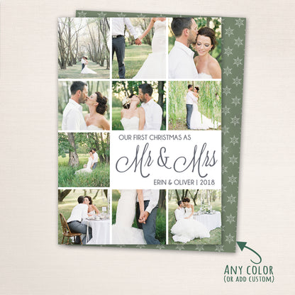 First Christmas as Mr. and Mrs. photo collage card featuring wedding portraits, classic script text, and personalized couple’s name.