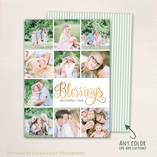 Multi-photo “Blessings” holiday card with family collage layout, elegant script typography, and striped back design.