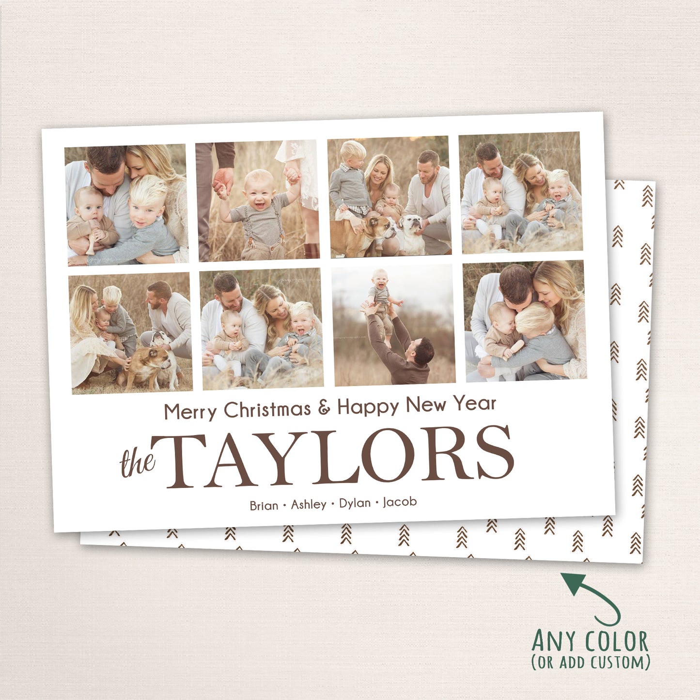 Multi-photo Christmas card featuring a collage layout, “Merry Christmas & Happy New Year” greeting, and personalized family name.