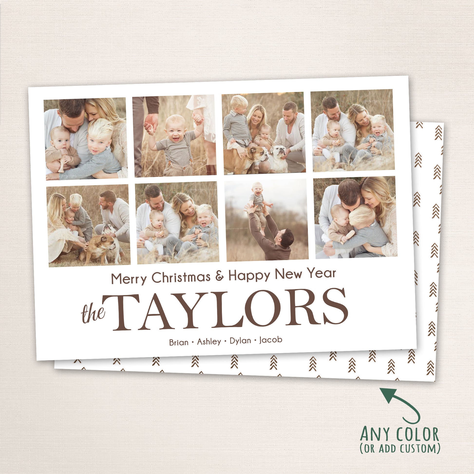 Multi-photo Christmas card featuring a collage layout, “Merry Christmas & Happy New Year” greeting, and personalized family name.