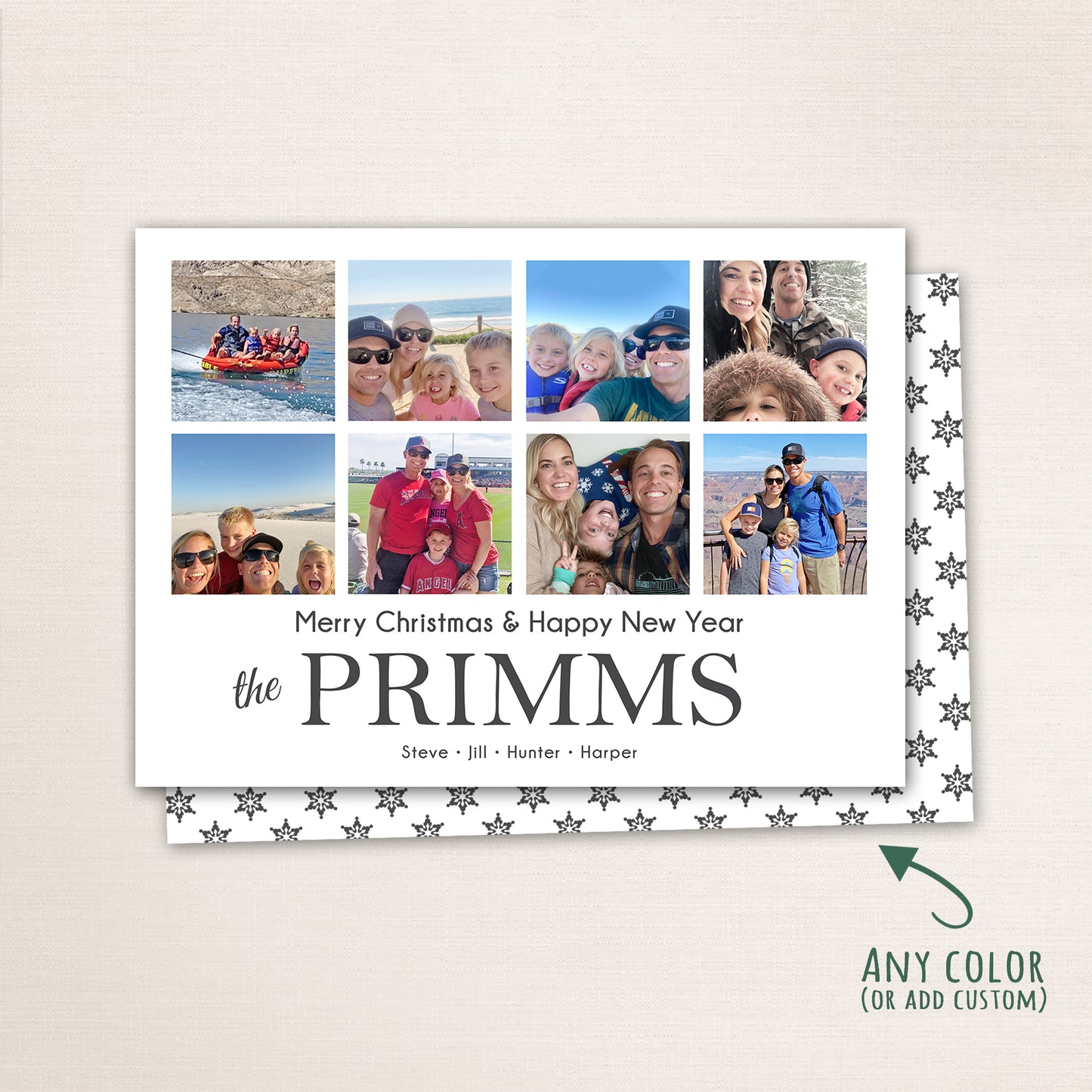 Modern holiday photo card with customizable color accents, nine-photo grid design, and family personalization.