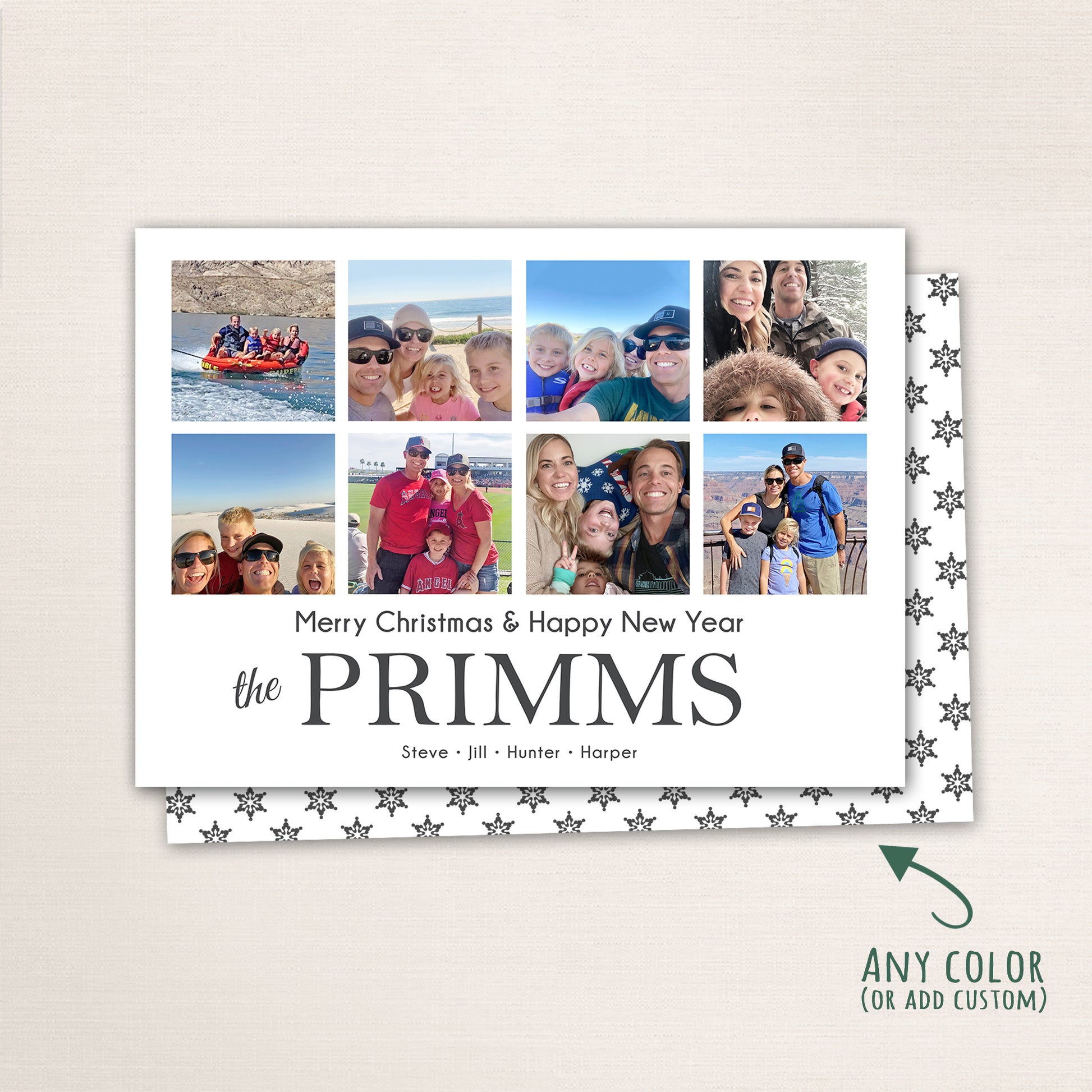 Modern holiday photo card with customizable color accents, nine-photo grid design, and family personalization.