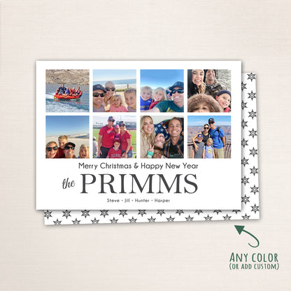 Modern holiday photo card with customizable color accents, nine-photo grid design, and family personalization.