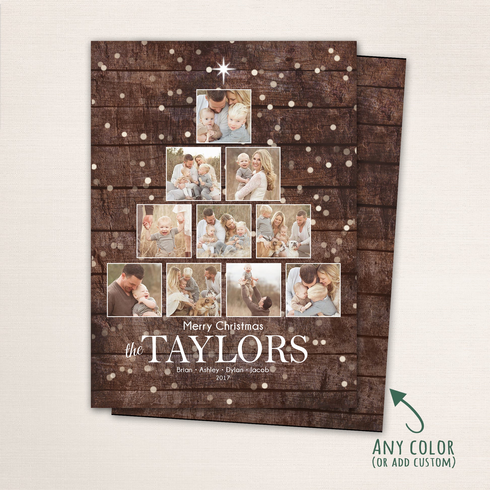 Rustic Christmas photo card featuring a wooden background with twinkling lights and a tree-shaped collage of family photos, personalized with family name and holiday greeting.