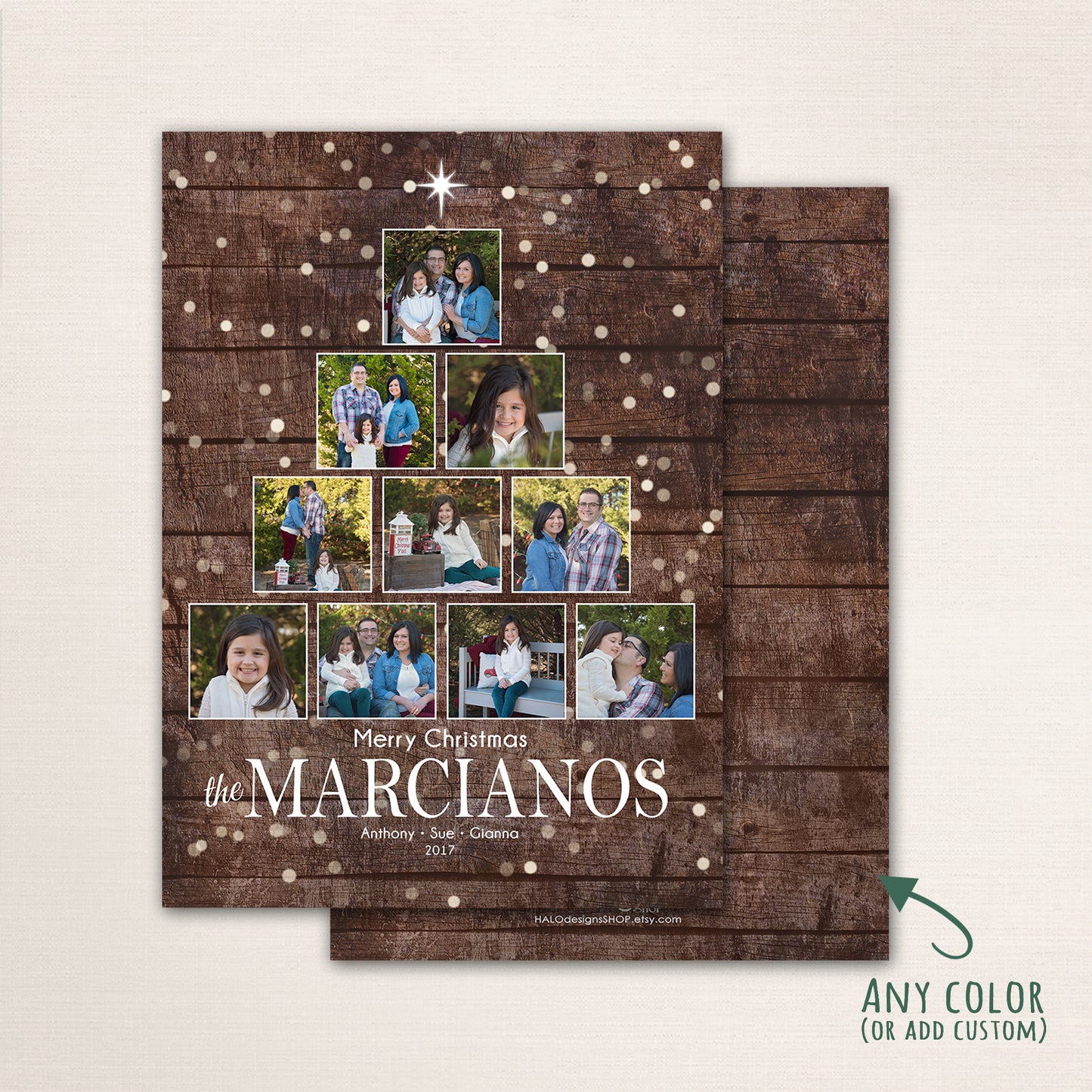 Rustic Christmas photo card featuring a wooden background with twinkling lights and a tree-shaped collage of family photos, personalized with family name and holiday greeting.
