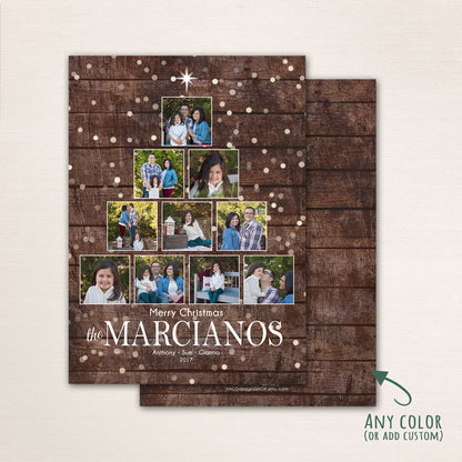 Rustic Christmas photo card featuring a wooden background with twinkling lights and a tree-shaped collage of family photos, personalized with family name and holiday greeting.