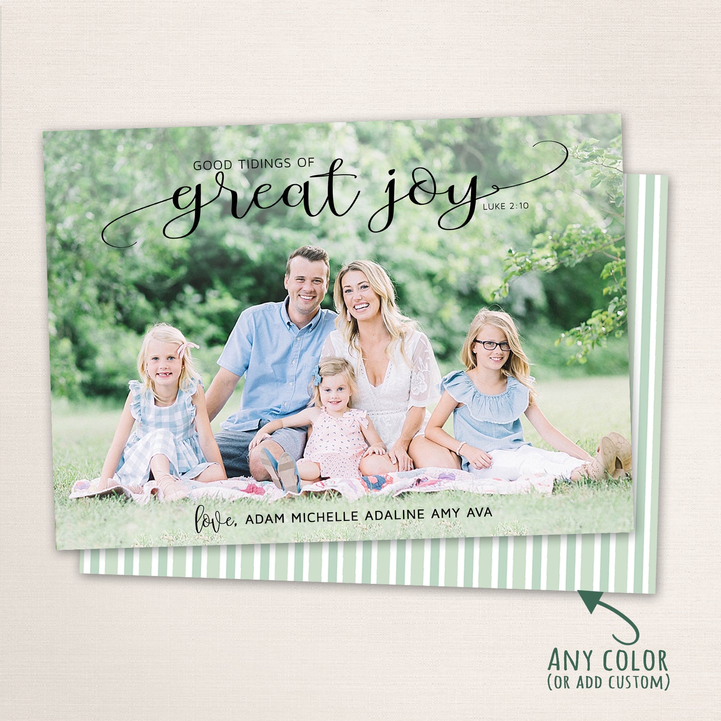 Christian Christmas photo card with “Good Tidings of Great Joy” scripture design and family photo beneath.