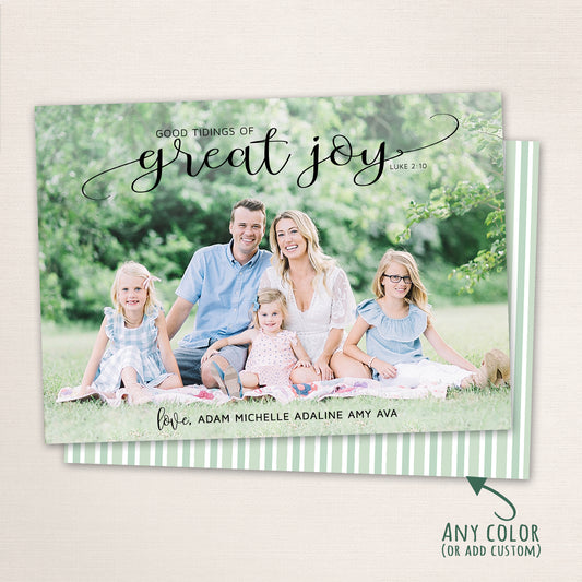 Christian Christmas photo card with “Good Tidings of Great Joy” scripture design and family photo beneath.