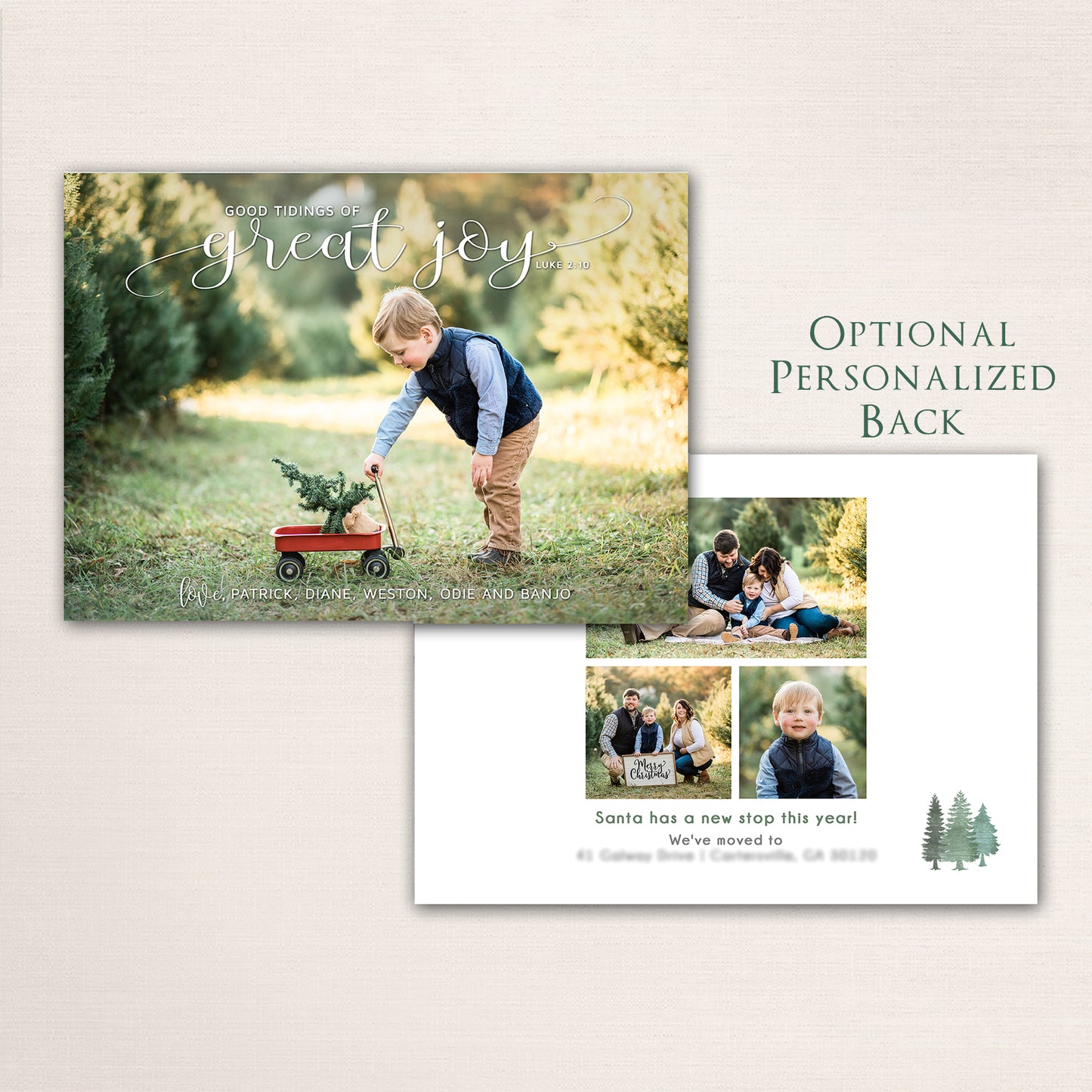 Holiday photo card featuring elegant calligraphy with Luke 2:10 verse and custom family greeting and a photo collage on the back.