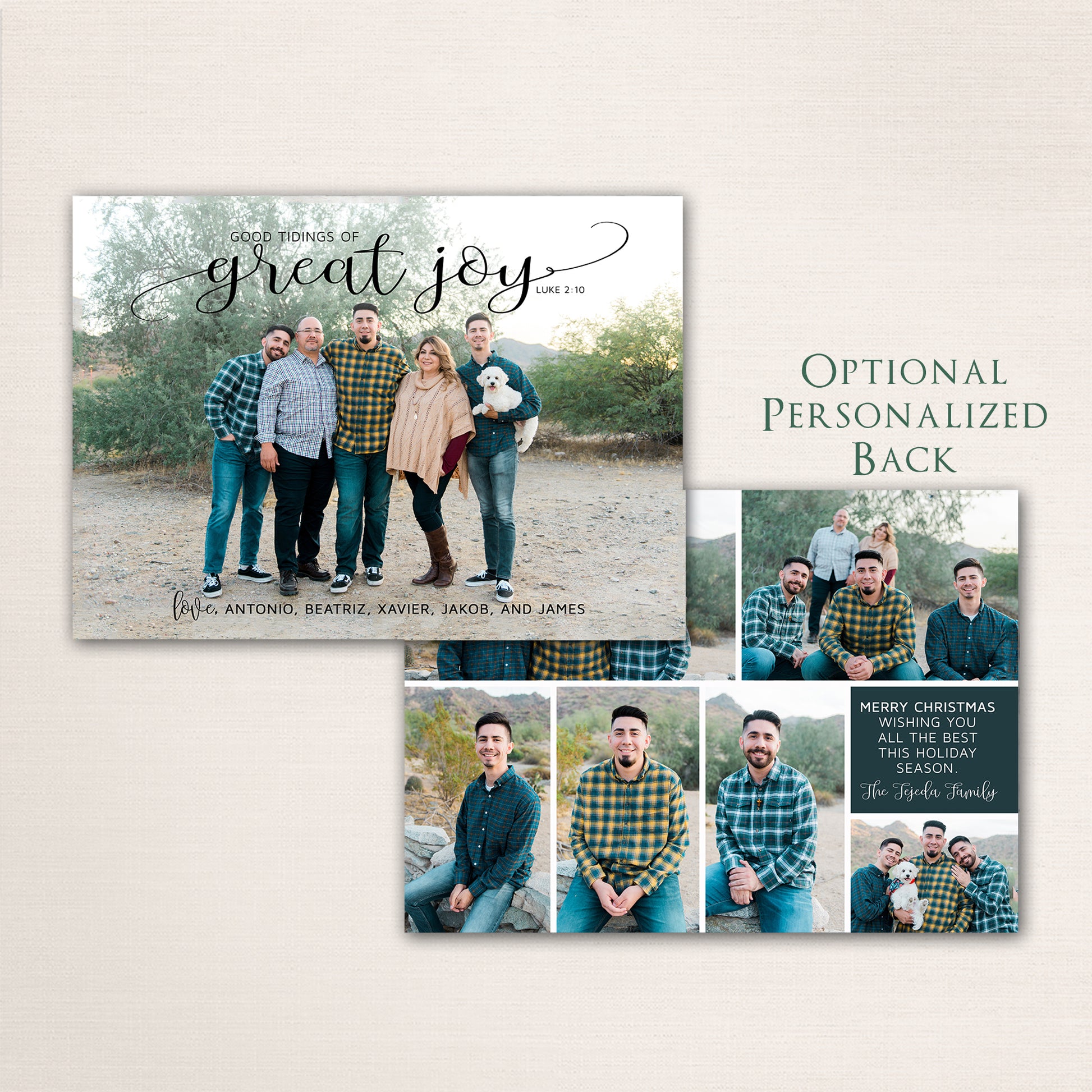 Holiday photo card featuring elegant calligraphy with Luke 2:10 verse and custom family greeting and a photo collage on the back.