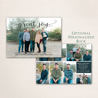 Holiday photo card featuring elegant calligraphy with Luke 2:10 verse and custom family greeting and a photo collage on the back.